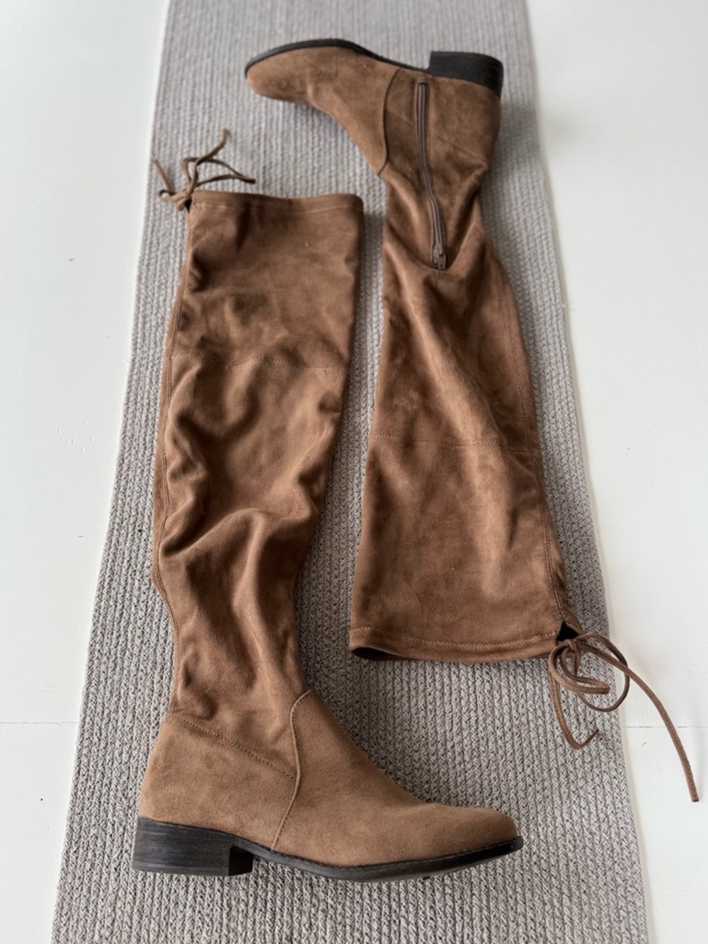 Taupe Light Brown Faux Suede Over the Knee Boots with Drawstring Tie Top Sz 8.5